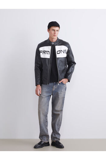 LC Waikiki Black Slim Fit Biker Collar Men's Leather Look Coat