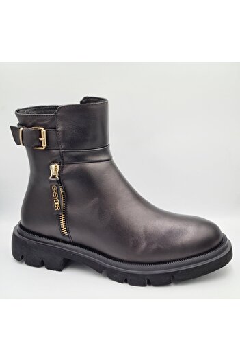 Greyder 35163 5K Black Genuine Leather Zippered Women's Casual Ankle Boots