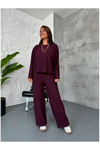 Elif Özbey Butik Burgundy Textured Sweat Pants Set