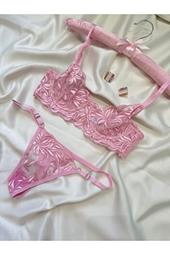 İNKO İÇ GİYİM Floral Underwire Uncovered Tulle Bra Set (Bra Tanga)