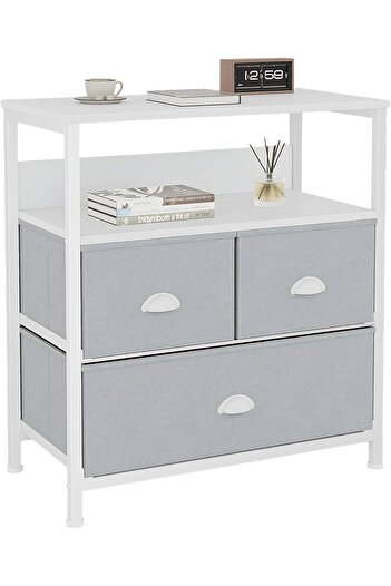 SKY TOUCH SKY-TOUCH 3 Fabric Drawer Nightstand Storage Chest Unit Home Cabinet w/Shelves, White, 58 * 29 * 81.
