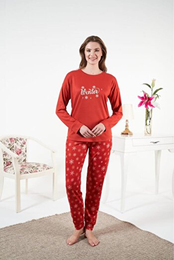 Estiva Women's Winter Snow Patterned Thermal Pajama Set Red