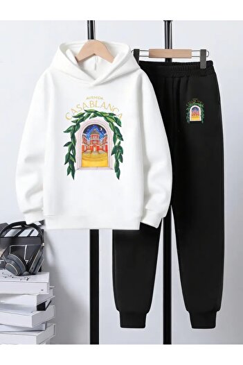 YUNAYT Children's Printed Hooded Sweatshirt and Sweatpants Set 3 Thread Raster for Autumn/Winter