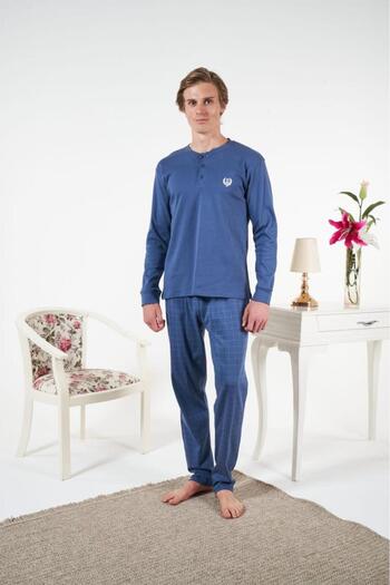 Estiva Men's Winter Plaid Combed Cotton Interlock Pajama Set Blue