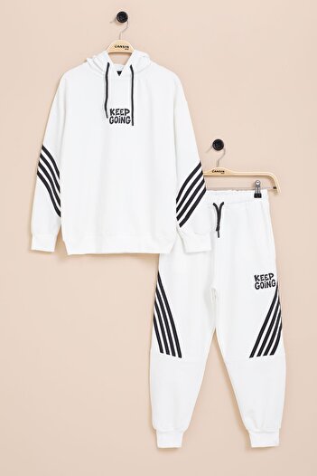 Cansın Mini White Boy's Keep Going Written Stripe Boys' Hooded Tracksuit Set 23417