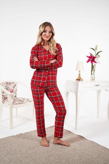 Estiva Women's Winter Front Buttoned Checkered Suede Pajama Set Red