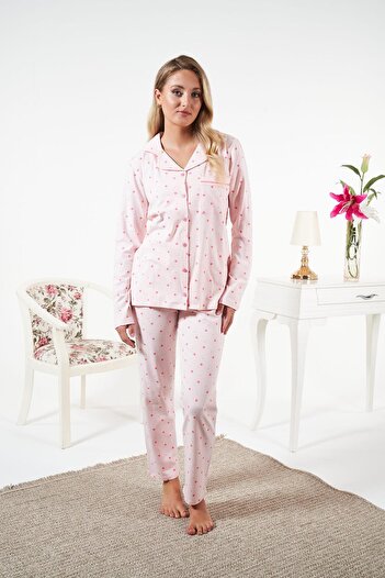 Estiva Women's Winter Front Buttoned Polka Dot Combed Cotton Lycra Pajama Set