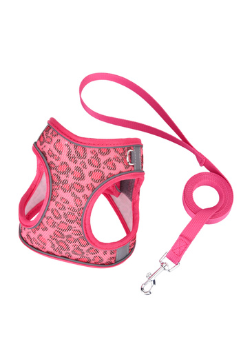 Choice S Rose red HLP428--Leopard print vest-style universal harness set for cat & dog, with 1.5-meter leas