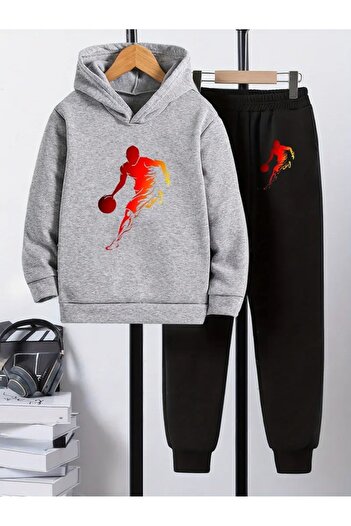 CROPSEL Children's Printed Hooded Sweatshirt and Sweatpants Set 3 Thread Raster for Autumn/Winter