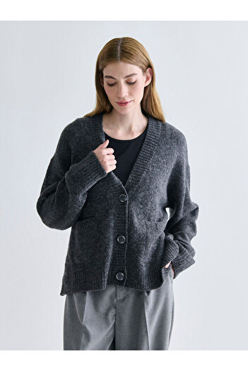 LC Waikiki Anthracite V-Neck Oversize Women's Knitwear Cardigan