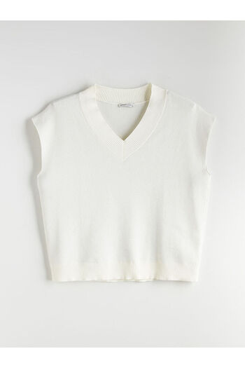LC Waikiki Ecru V-Neck Oversize Women's Knitwear Sweater