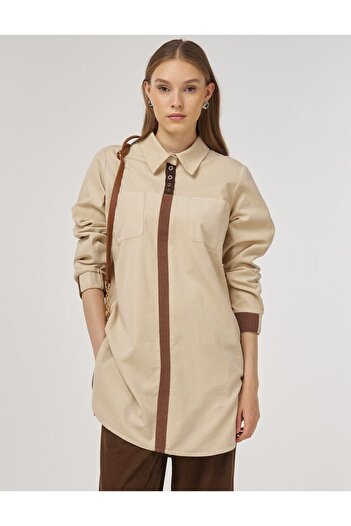 Kayra Shirt Collar Velvet Tunic Cream