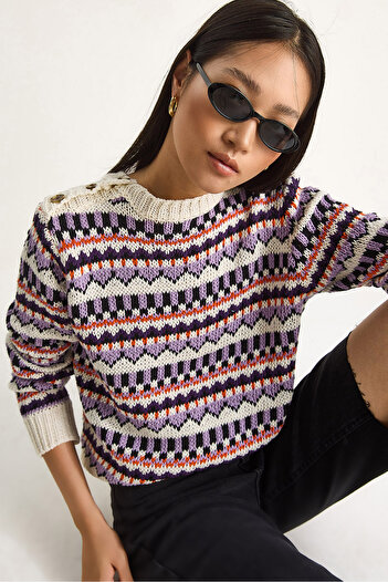 Bianco Lucci Women's Shoulder Patch Patterned Knitwear Sweater 20246176