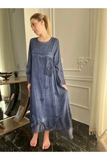 Bohemian Antique Look Stoned Cotton Authentic Short Sleeve Long Dress