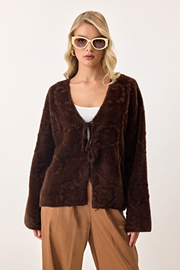 VAGGON Women's Bitter Brown V-Neck Lace Detailed Patterned Knitwear Cardigan Vs00902