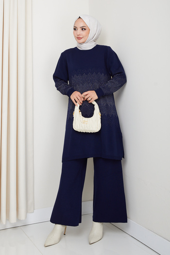 Kirazgym Elegance Silvery Woven Comfortable Fit Women's Tunic and Pants Hijab Knitwear Set
