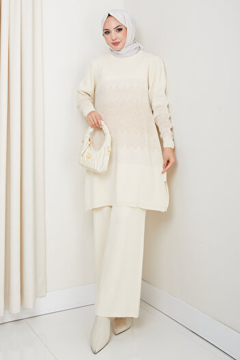 Kirazgym Elegance Silvery Woven Comfortable Fit Women's Tunic and Pants Hijab Knitwear Set