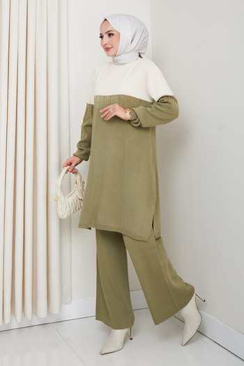 Kirazgym Rhythmic Pattern Steel Woven Comfortable Fit Women's Tunic and Pants Hijab Knitwear Set