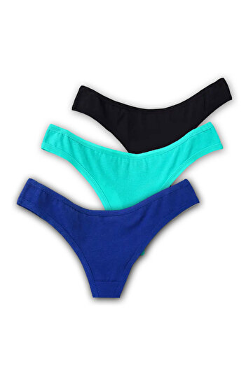 PriStyle Set of 3 Women's Tanga Underwear, Multicolor 3 Colors, Turquoise, Blue, Black, Cotton