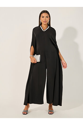 Styli Embellished V Neck Wide Leg Cape Jumpsuit