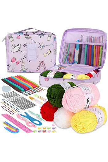 COOYA 59pcs Beginner Crochet Starter Kit with Purple Storage Bag, Knitting Supplies Kit,Travel Kit