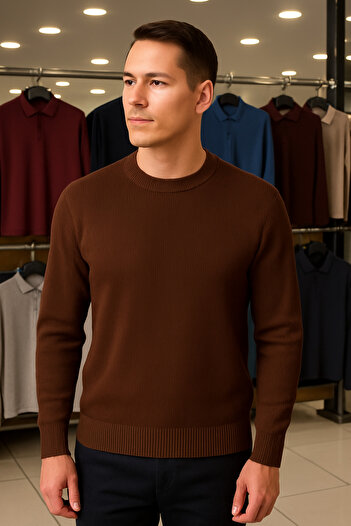 Maccali Men's Crew Neck Striped Brown Sweat Knitwear Sweater