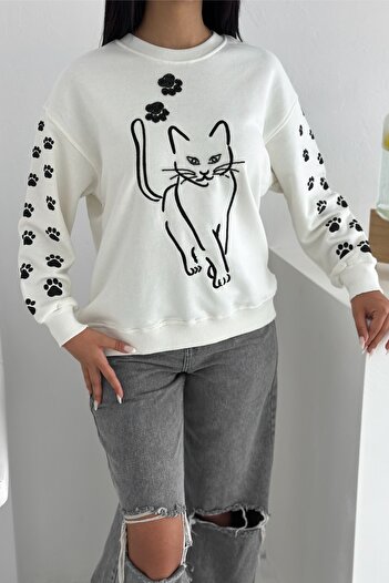 FEMELLE White Cat Pattern Beaded 100% Cotton Sweatshirt