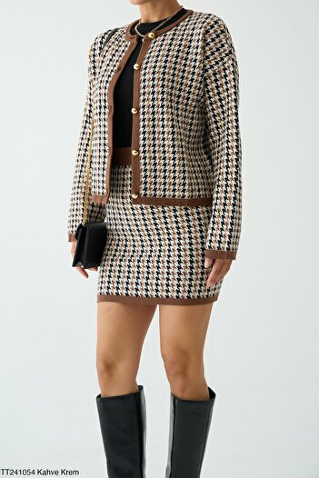 Julidress Goose Foot Patterned Gold Metal Buttoned Cardigan and Mini Skirt Top and Bottom Premium Knitwear Set