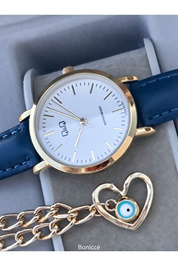 Q&Q Leather Cord Women's Wristwatch, Navy Blue Color Simple Stylish Model Heart Bracelet