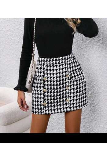 HMZ GOLD Double-Sided Buttoned Front Houndstooth Pattern Mini Skirt