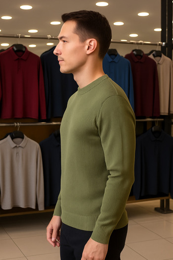Maccali Men's Crew Neck Striped Khaki Sweat Knitwear Sweater