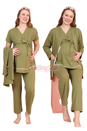 quilling Khaki Colored V-Neck 3-Piece Long Sleeve Maternity Pajama Set with Dressing Gown 59344