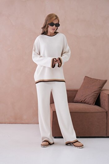 DONNA LISSA Women's Soft Crew Neck Oversized Striped Knitwear Set