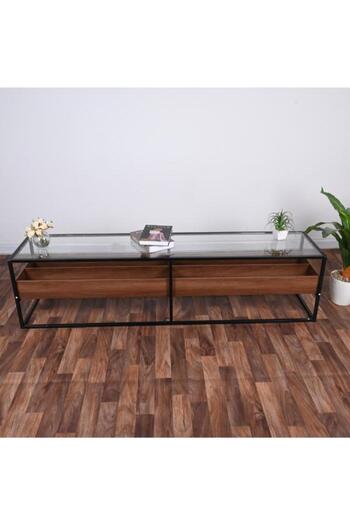 Crestj Plasma table with glass top and divided brown wooden shelf, size 160*40 cm - quality and luxury in design