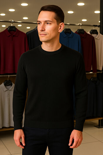 Maccali Men's Crew Neck Striped Black Sweat Knitwear Sweater