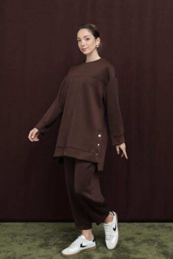 Puane Women's Basic Set with Snap Detail on the Sides and Slit - 14384Tks - Brown