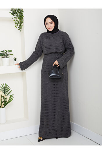 Kirazgym Plain Openwork Knitwear and Inner Dress Two-Piece Knitwear Dress Set
