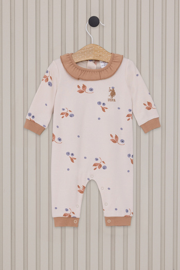 U.S. Polo Assn. Baby Girl Beige Floral Patterned Ruffle Collar 100% Cotton Romper 50322804-Vr011