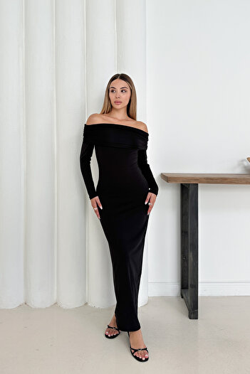 MİROR Women's Black Madonna Collar Long Sleeve Evening Dress