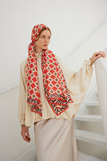 FENZA SCARF Sapphire Orange Logo Patterned Cotton Silk Shawl