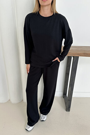 MİROR Women's Black Modal Fabric Long Sleeve Basic Tracksuit Set