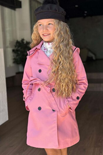 Riccotarz Girl's Lace Embroidered Dress with Double Pocket Detail and Belted Pink Trench Coat