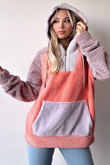 VAGGON Women's Orange Color Block Hooded Half Zipper Kangaroo Pocket Oversize Sweatshirt Vs00957