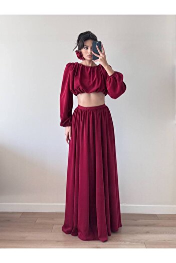 LOCH BUTİK Women's Burgundy Gathered Shoulder Padded Skirt and Blouse Two-Piece Set