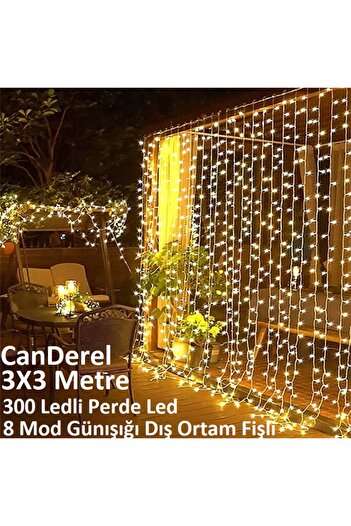 Canderel 3x3 Metre 8 Fonksiyonlu Animasyonlu Perde Led Işık Saçak Led Işık 300 Led Yılbaşı Işığı Süsü Fişli
