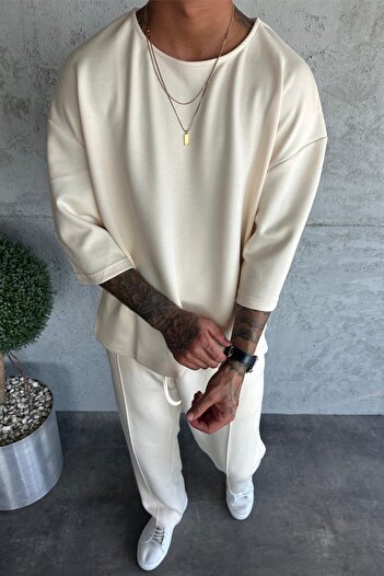 MADZEYMODA Men's Oversize Fit Oyaho Fabric Ecru T-Shirt Pants Bottom Top Set Ke-0112