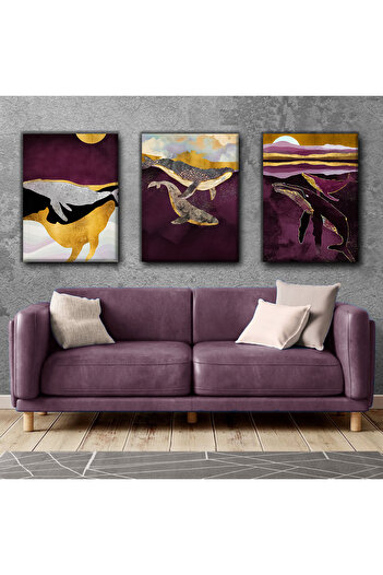 Harikabirev Bordo-Gold Dolphin Table | 3-Piece Vertical Frameless Canvas Painting Chsdkyknvs