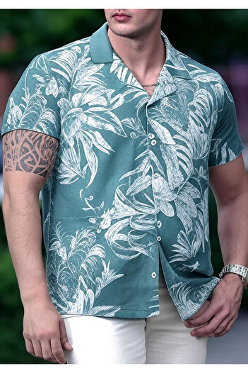 Exve Exclusive Green Hawaiian Leaf Print Cotton Short Sleeve Loose Breathable Lapel Oversized Shirt