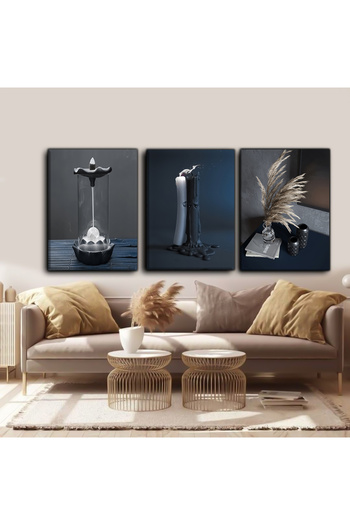 Harikabirev Dark Blue Candle Decor Table | 3-Piece Vertical Frameless Canvas Painting Chsdkyknvs