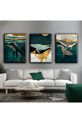 Harikabirev Emerald Green Dolphin Painting | 3-Piece Vertical Frameless Canvas Painting Chsdkyknvs